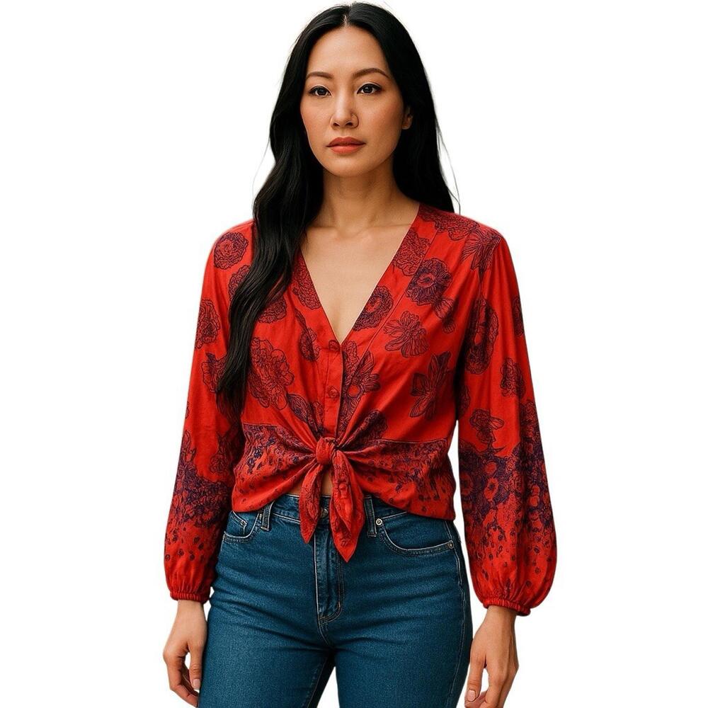 Free People Red Floral Tie-Front Blouse with Dark Print